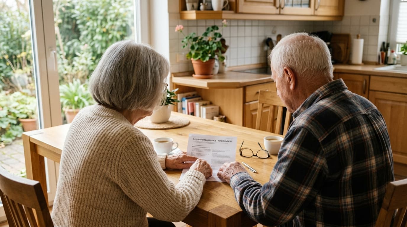AOK Patientenverfügung: Älteres Paar bespricht das AOK-Vorsorgedokument am Küchentisch